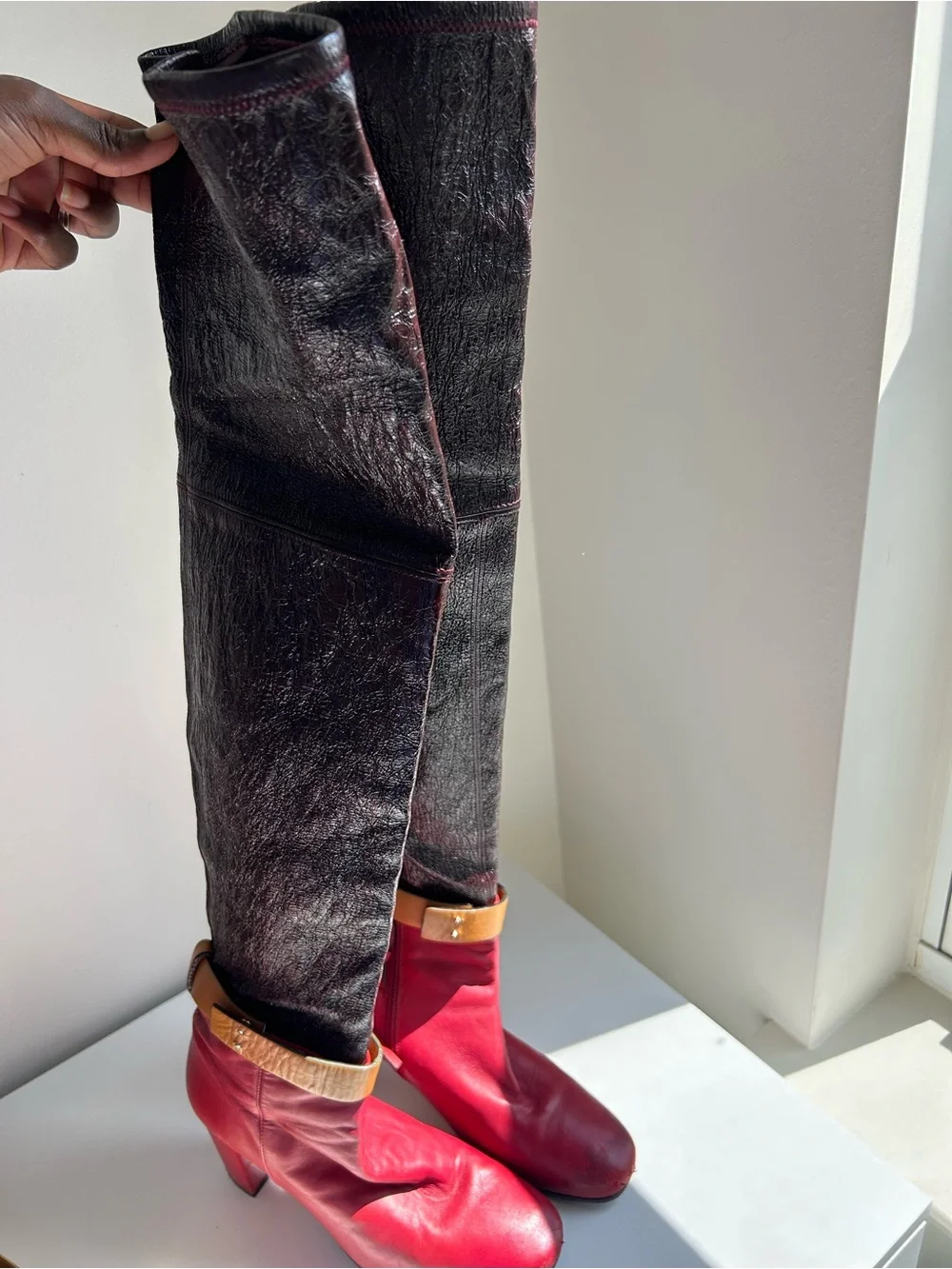 Stuart Weitzman Red Brown Patent Leather Belted Knee-High Boots